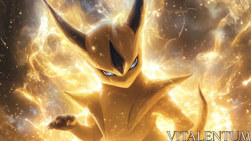 Golden anthropomorphic creature stands amid luminous energy field