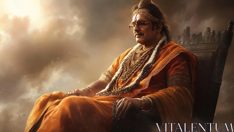 Regal spiritual leader in ornate orange robes on throne.