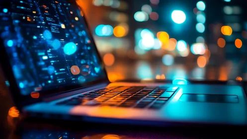 Laptop keyboard in shallow focus against neon city bokeh lighting