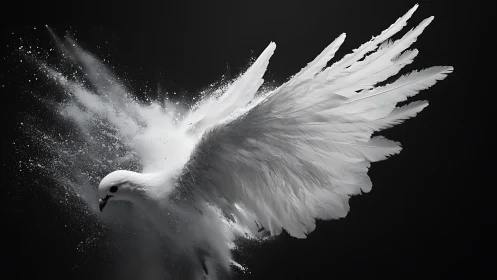 High-speed white dove impact dispersion on black background