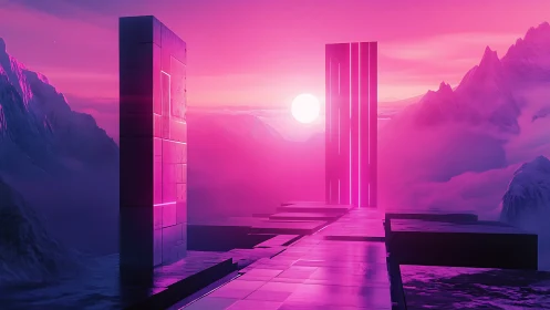 Neon Canyon Sunset with Glowing Architecture.