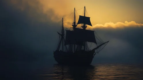 Silhouetted tall ship cutting through mist at sunset horizon.