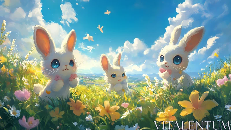 Three white cartoon rabbits sit in a bright flower meadow