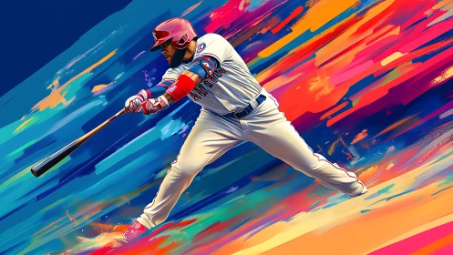 Baseball batter in mid-swing over multicolor streak field.