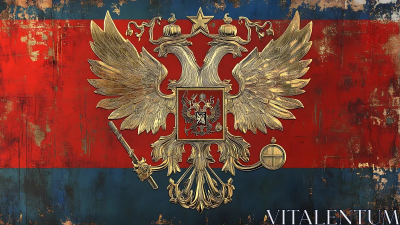 Embossed double‑headed eagle crest over distressed tricolor field