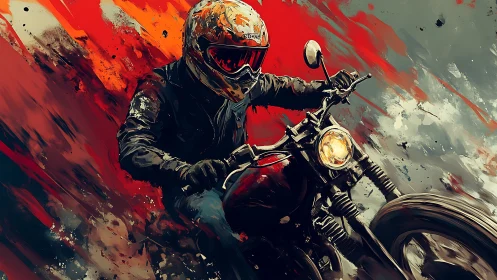 Bold motorcyclist racing through a storm of vivid color.