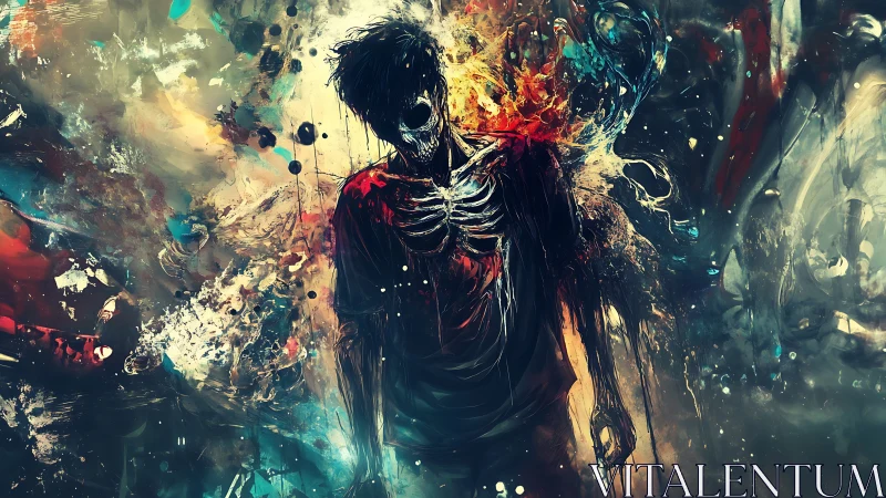 Skeleton figure dissolving in chaotic abstract colors.