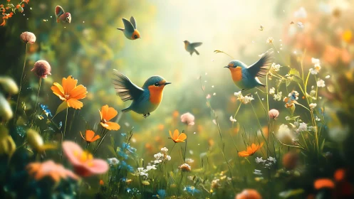 Robins in Bloom. Golden meadow garden with flying birds and flowers.