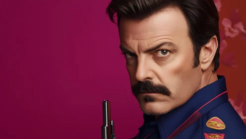 Mustached space officer narrows suspicion against neon silence