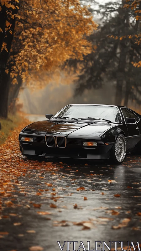 Classic black coupe on wet autumn forest road.