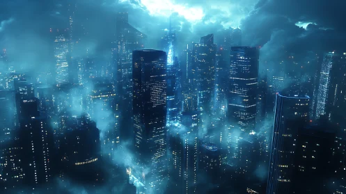 Futuristic skyscraper cityscape in dense blue night fog.
