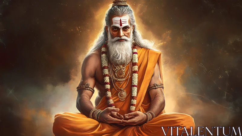 Digital painting of meditating Hindu sage in orange robes.