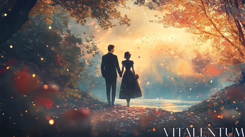 Romantic couple silhouetted on luminous autumn riverside path.