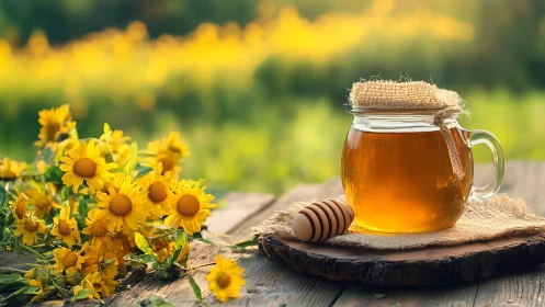 Backlit jar of herbal honey on rustic wood with shallow depth