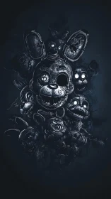 Dark cluster of damaged animatronic rabbit faces.