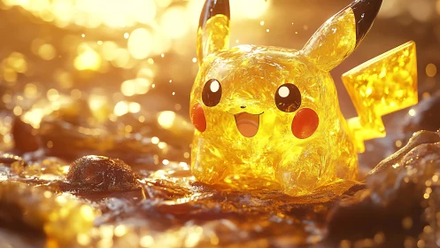 Translucent yellow creature model on reflective wet ground.