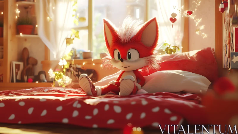 Cute red fox plush character on cozy sunlit bed scene.