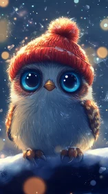 Cute winter owl with big blue eyes in red knit beanie hat.