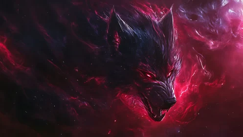 Crimson nebula wolf erupts from starlit void in a snarl