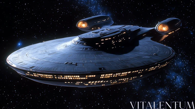 Futuristic disc-shaped starship cruising through deep space.