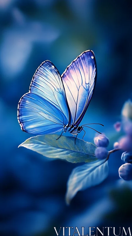 Translucent blue butterfly on leaf in macro optical focus.