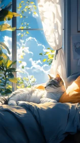 Serene Cat Basking in Sunlight by Window