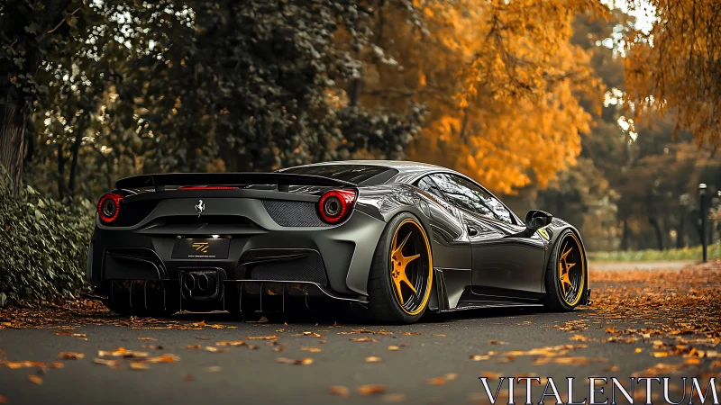 Sleek sports car gliding through a glowing autumn escape.