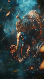 Golden Ganesha statue glows in mystical teal incense haze