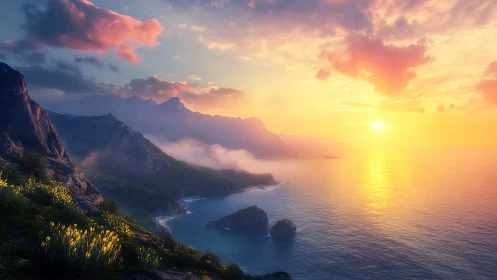 Sunlit cliffs and quiet coves along a dreamy coastal horizon.