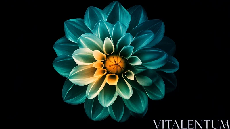 Multi-Layered Dahlia with Teal Outer Petals and Warm Golden-Orange Center. Digital Rendering.