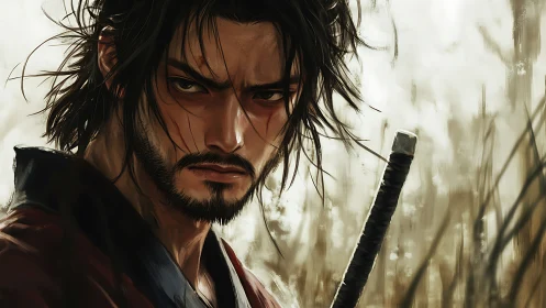 Brooding samurai warrior rendered in painterly digital realism