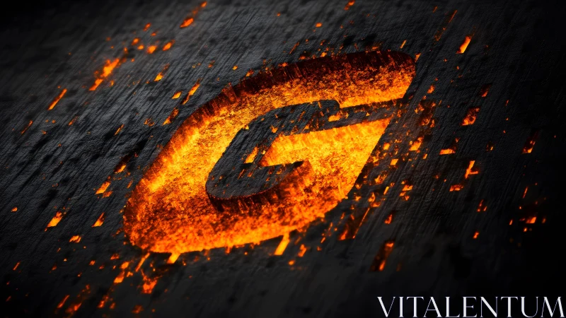 Fiery Carved Letter C in Charred Wood, Digital Art Style.