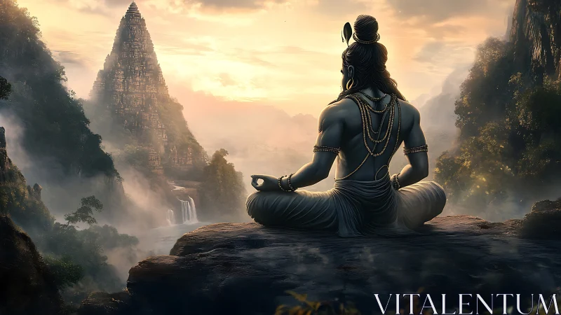 Meditative ascetic overlooking misted temple valley at sunrise.