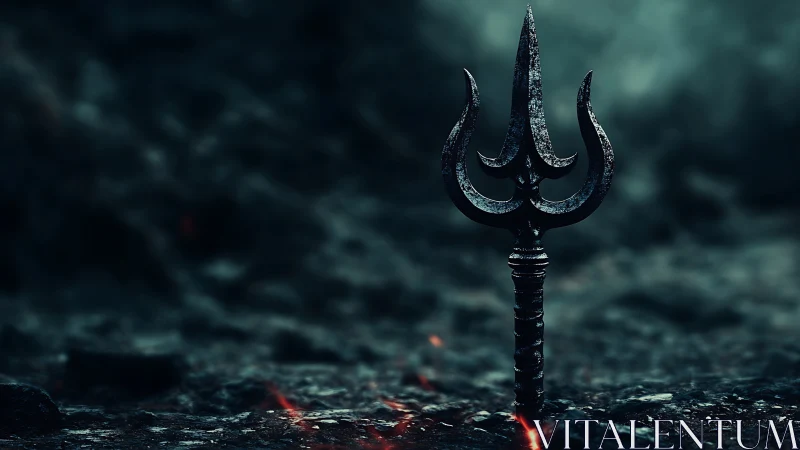 Iron trident standing in dark rocky ground with embers.