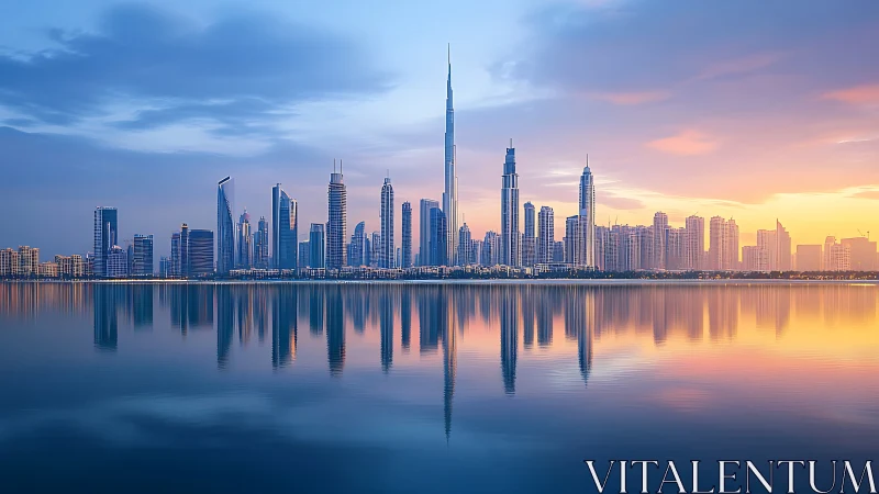 Modern skyline mirrors across tranquil water at sunrise.