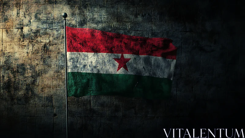 Worn tricolor flag with red star against dark stone wall