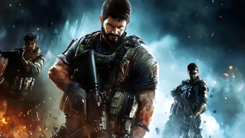 Heavily armed soldier stands foreground between two fighters