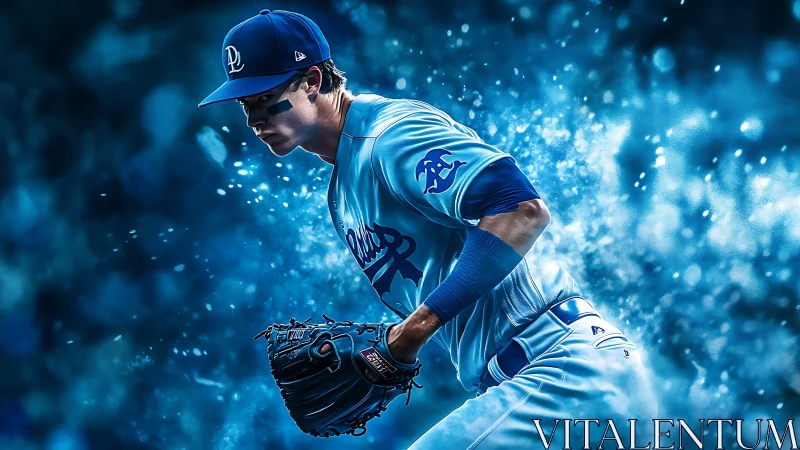 Dynamic blue baseball pitcher in motion, digital painting composition.