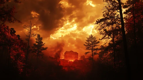 Dramatic apocalyptic landscape with burning architecture amid towering coniferous forest
