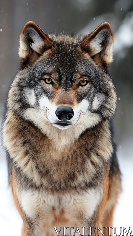 Front-facing wolf portrait in winter habitat, telephoto focus