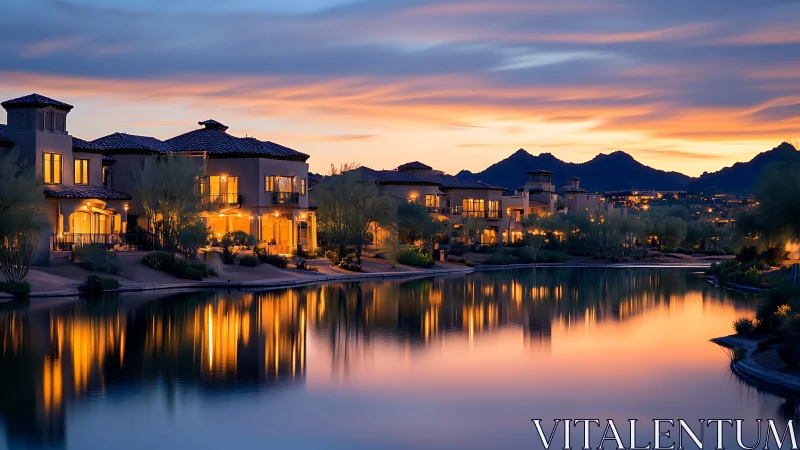 Lakeside luxury villas at sunset with reflective waterfront symmetry.