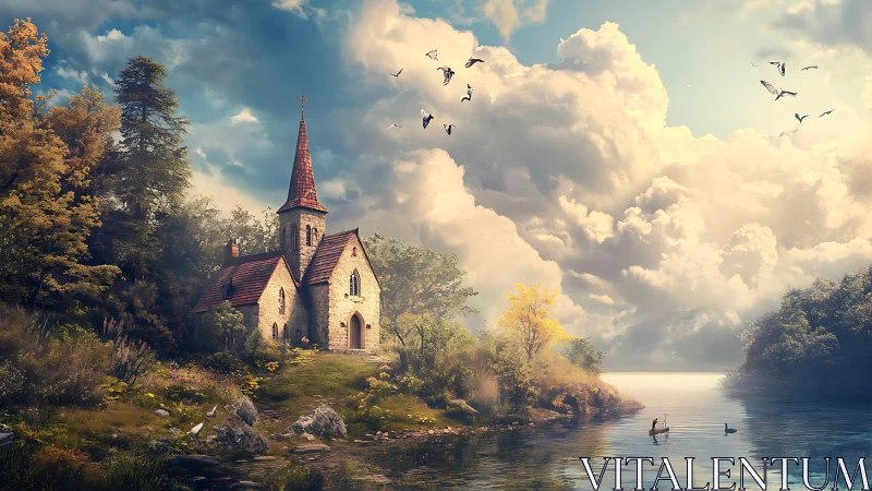 Idyllic lakeside chapel rendered in luminous digital realism