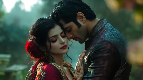 Romantic Portrait: Classical Couple in Ornate Period Attire.