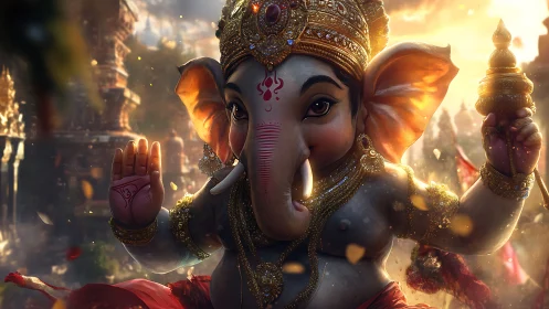 Ganesha idol radiates golden light in ornate temple setting