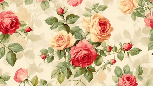 Vintage rose bouquet pattern repeats over soft cream ground