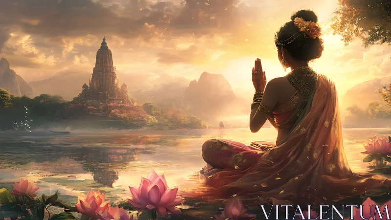 Lotus dawn cradles a meditating queen beside temple waters