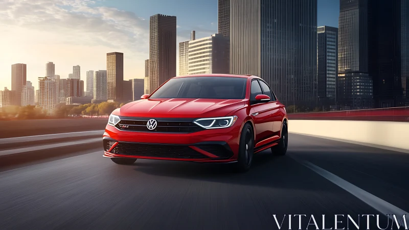 Red Volkswagen sedan in dynamic low-angle motion against skyline