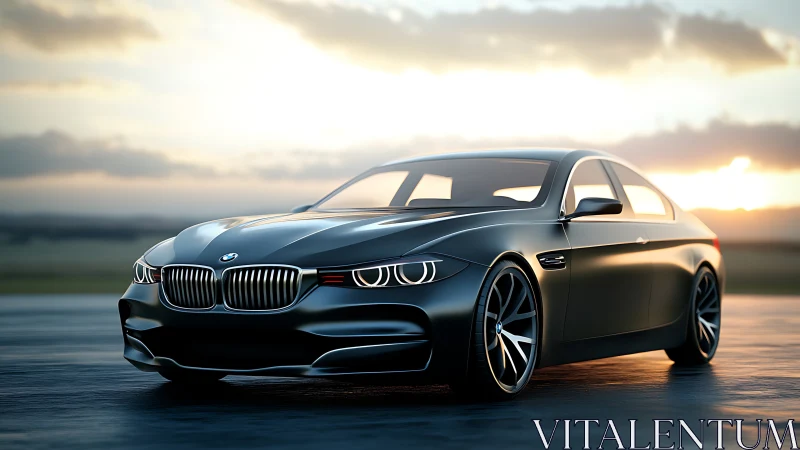 Sleek black performance coupe at sunset on wet track.
