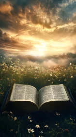 Open book in wildflower meadow under glowing sunset sky.