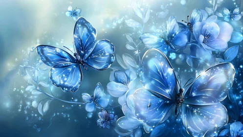 Moonlit sapphire butterflies drift through glowing blossom haze